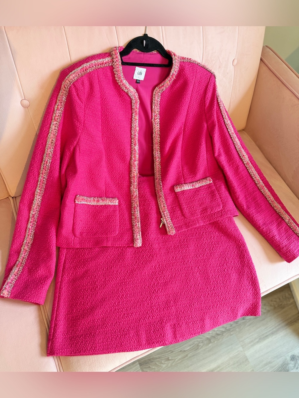 Cabi Pink Tweed Blazer Jacket Skirt Suit Set Fuchsia Chanel Style L / 10